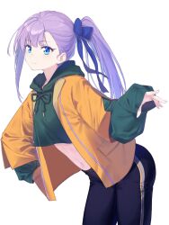 Rule 34 | 1girl, blue eyes, blue pants, blue ribbon, blush, breasts, coffeekite, cropped sweater, fate/grand order, fate (series), green sweater, hair ribbon, highres, hood, hooded sweater, jacket, long hair, long sleeves, looking at viewer, meltryllis (fate), midriff, navel, open clothes, open jacket, pants, ponytail, purple hair, ribbon, small breasts, sweater, thighs, very long hair, yellow jacket