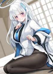 Rule 34 | 1girl, absurdres, black pantyhose, blue archive, blue necktie, blurry, blurry background, blush, breasts, clothes lift, finger to mouth, halo, highres, indoors, jacket, large breasts, lifted by self, long hair, marurumaru00, multicolored clothes, multicolored jacket, necktie, noa (blue archive), pantyhose, pleated skirt, purple eyes, seiza, shushing, sitting, skirt, skirt lift, smile, solo, two-tone jacket, very long hair, white jacket, white skirt