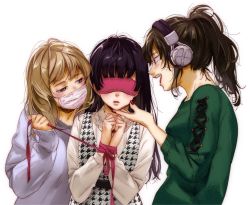 Rule 34 | 3girls, bad id, bad twitter id, bdsm, black hair, blindfold, blush, bondage, bound, bound wrists, brown hair, cross-laced clothes, femdom, hand on another&#039;s chin, headphones, houndstooth, kamiyama aya, long hair, looking at another, mask, messy hair, mouth mask, multiple girls, nail polish, open mouth, original, parted lips, ponytail, ribbon, sleep mask, sleeves past wrists, star (symbol), star print, surgical mask, sweater, three monkeys, yuri