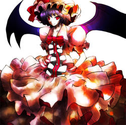 Rule 34 | 1girl, dress, female focus, gloves, hat, kasuteru, layered dress, looking at viewer, mob cap, purple hair, red eyes, remilia scarlet, short hair, simple background, solo, touhou, white background, white gloves
