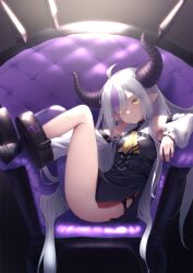 Rule 34 | 1girl, ahoge, ascot, black footwear, black horns, couch, eyes visible through hair, highres, hololive, horns, ichi-go, la+ darknesss, long hair, looking at viewer, lying, multicolored hair, on couch, parted lips, pointy ears, purple hair, smile, solo, streaked hair, striped, striped horns, thighs, very long hair, virtual youtuber, white hair, yellow ascot, yellow eyes