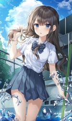 Rule 34 | 1girl, :o, absurdres, blue eyes, blue neckwear, blue skirt, blue sky, blunt bangs, broom, brown hair, chain-link fence, collared shirt, commentary request, contrail, day, fence, hand in own hair, highres, holding, holding broom, long hair, looking at viewer, open mouth, original, outdoors, pleated skirt, pool, school uniform, shirt, short sleeves, sidelocks, skirt, sky, solcha, solo, standing, water, water drop, wavy hair, wet, white shirt