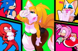 Rule 34 | 2boys, 3girls, ^ ^, absurdres, afterimage, amy rose, animal ears, animal nose, arm up, bare shoulders, bat ears, bat girl, bat wings, black leotard, black outline, black wings, blonde hair, blue eyes, blue eyeshadow, blue fur, blue hair, blush, body fur, breasts, brown pantyhose, clapping, cleavage, closed eyes, constricted pupils, cup, dress, drink, eyeshadow, flat chest, fox ears, fox girl, fox tail, furry, furry female, furry male, genderswap, genderswap (mtf), gloves, hair over one eye, hairband, half-closed eye, half-closed eyes, hand on own thigh, hands up, highres, holding, holding cup, holding drink, knuckles the echidna, leaning forward, leotard, light blush, long hair, looking at viewer, makeup, medium breasts, mismatched pupils, motion lines, multiple boys, multiple girls, multiple tails, nose blush, notice lines, one eye covered, open mouth, outline, own hands together, pantyhose, pink hair, puffy cheeks, purple eyes, raised eyebrow, red dress, red fur, red hair, red hairband, rouge the bat, shnider, short hair, sidelocks, sideways mouth, sleeveless, sleeveless dress, sonic (series), sonic the hedgehog, spit take, spitting, standing, strapless, strapless leotard, surprised, sweat, tail, tails (sonic), teeth, two-tone fur, two tails, water, white fur, white gloves, white hair, wide hips, wings, x x, yellow fur