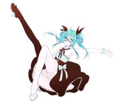 Rule 34 | 1girl, aqua eyes, aqua hair, asymmetrical footwear, asymmetrical legwear, bad id, bad pixiv id, bare shoulders, black-framed eyewear, black thighhighs, boots, bow, bow legwear, choker, frilled skirt, frills, glasses, hair bow, hatsune miku, highres, lace, lace-trim, lace-trimmed choker, lace-trimmed legwear, lace-up top, lace trim, leg up, looking to the side, lying, mismatched footwear, on back, open mouth, outstretched arm, semi-rimless eyewear, simple background, skirt, solo, thigh boots, thighhighs, uneven legwear, vocaloid, white background, white thighhighs, wrist cuffs, zombie neko