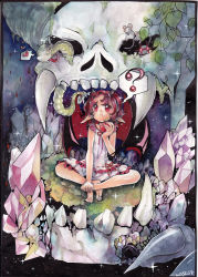 Rule 34 | 1girl, apple, crystal, dress, eating, fang, food, fruit, mosho, mouse, original, pointy ears, signature, skull, snake, solo, traditional media, white dress