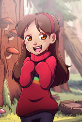 Rule 34 | 1girl, braces, brown hair, forest, gravity falls, long hair, mabel pines, nature, open mouth, skirt, smile, solo, sweater