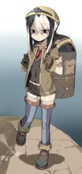 Rule 34 | 1girl, :/, backpack, bag, black eyes, black hair, boots, commentary request, full body, gloves, hair between eyes, highres, korean commentary, made in abyss, multicolored hair, ozen, solo, standing, streaked hair, sweatdrop, two-tone hair, urec, whistle, white hair, aged down