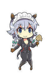 Rule 34 | 10s, 1girl, animal ears, blue eyes, breasts, cleavage, colonel aki, cosplay, duster, gloves, hair ribbon, hippopotamus (kemono friends), hippopotamus (kemono friends) (cosplay), hippopotamus ears, izayoi sakuya, kemono friends, knees together feet apart, long hair, looking at viewer, maid headdress, medium breasts, pants, ribbon, shirt, sidelocks, silver hair, smile, solo, tail, tight clothes, tight shirt, touhou, white background
