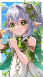 Rule 34 | 1girl, blush, border, bracelet, child, closed mouth, commentary request, detached sleeves, dress, genshin impact, green eyes, hair between eyes, hair ornament, hands up, highres, jewelry, looking at viewer, nahida (genshin impact), pointy ears, side ponytail, smile, solo, tatyaoekaki, white border, white dress, white hair