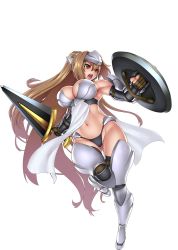 Rule 34 | 1girl, armor, armpits, bare shoulders, black panties, breasts, brown hair, cleavage, curvy, fighting stance, floating hair, full body, gluteal fold, gochou (kedama), groin, helmet, holding, holding sword, holding weapon, large breasts, legs, long hair, looking away, navel, official art, open mouth, panties, red eyes, sennen sensou aigis, serious, shield, solo, standing, sword, thighs, thong, transparent background, underwear, weapon, white background, wide hips, zenobia (sennen sensou aigis)