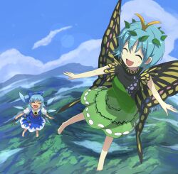 Rule 34 | 2girls, antennae, aqua hair, barefoot, blue bow, blue dress, blue hair, blush, bow, breasts, butterfly wings, cirno, closed eyes, day, detached wings, dress, eternity larva, fairy, flower, flying, green dress, gurina 15, hair bow, highres, ice, ice wings, insect wings, leaf, leaf on head, morning glory, multicolored clothes, multicolored dress, multiple girls, open mouth, outdoors, pink flower, puffy short sleeves, puffy sleeves, revision, shirt, short hair, short sleeves, small breasts, smile, sunflower, tan, tanned cirno, touhou, white shirt, wings, yellow flower