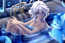 Rule 34 | 1girl, ahoge, bathtub, blue eyes, bubble, commentary, faucet, furina (genshin impact), genshin impact, hair intakes, knees up, laubun, nude, parted lips, partially submerged, short hair, sitting, solo, water, white hair