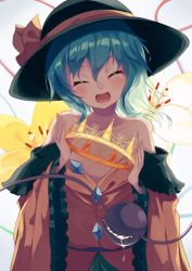 Rule 34 | 1girl, ^ ^, ^o^, bad id, bad twitter id, bare shoulders, black hat, blush, bow, bowler hat, buttons, closed eyes, collarbone, crown, eyebrows, flat chest, flower, frilled sleeves, frills, green hair, hat, hat bow, head tilt, highres, holding, igayan, jacket, komeiji koishi, long sleeves, open clothes, open jacket, short hair, solo, string, teardrop, tears, third eye, touhou, wide sleeves, yellow bow, yellow flower, yellow jacket