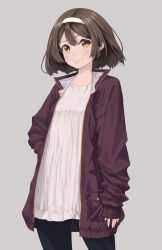 Rule 34 | alternate costume, black pantyhose, breasts, brown hair, brown jacket, closed mouth, grey background, hairband, highres, jacket, kantai collection, long sleeves, looking at another, medium hair, neko no hige, orange eyes, pantyhose, simple background, small breasts, smile, tanikaze (kancolle), white hairband