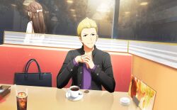 Rule 34 | 1boy, 1girl, black jacket, blonde hair, blue eyes, breast pocket, buttons, cream, cup, drinking straw, fingernails, highres, idolmaster, idolmaster side-m, idolmaster side-m live on stage!, ijuuin hokuto, jacket, long hair, long sleeves, looking at viewer, official art, pocket, reflection, restaurant, smile, third-party source