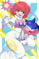 Rule 34 | 1girl, :d, absurdres, blue eyes, blush, breasts, commission, commissioner upload, gloves, highres, iroyopon, looking at viewer, medium breasts, open mouth, pants, pastel (twinbee), pink shirt, red hair, shirt, skeb commission, smile, teeth, twinbee, upper teeth only, white gloves, white pants, winbee