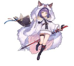 Rule 34 | 1girl, animal ears, ark order, black cape, black footwear, book, bookmark, boots, cape, coat, ears through headwear, full body, fur-trimmed coat, fur-trimmed hood, fur trim, holding, holding sword, holding weapon, hood, hooded coat, lan ren hui, looking at viewer, official art, oscar (ark order), pom pom (clothes), purple hair, short hair, solo, sword, tachi-e, thigh strap, transparent background, weapon, white coat, wolf ears, yellow eyes