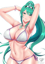 Rule 34 | 1girl, absurdres, armpits, arms behind head, artist logo, artist name, bikini, breasts, chest jewel, cleavage, female focus, gem, green eyes, green hair, hair ornament, headpiece, highres, jewelry, kaos art, large breasts, lips, long hair, looking at viewer, matching hair/eyes, midriff, nintendo, parted lips, pneuma (xenoblade), ponytail, side-tie bikini bottom, simple background, smile, solo, swept bangs, swimsuit, tiara, toned, underboob, very long hair, white background, xenoblade chronicles (series), xenoblade chronicles 2