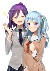 Rule 34 | 2girls, :d, arm around shoulder, bang dream!, blazer, blue hair, blue neckwear, blue skirt, brown dress, buttons, clenched hand, closed eyes, collared shirt, double-breasted, dress, flower, green ribbon, grey jacket, hair between eyes, hair flower, hair ornament, hair ribbon, hanasakigawa school uniform, hand on another&#039;s shoulder, hand on own chest, hand up, haneoka school uniform, harusawa, jacket, long hair, long sleeves, matsubara kanon, multiple girls, neck ribbon, necktie, one side up, open mouth, ponytail, purple eyes, purple hair, red neckwear, ribbon, sailor dress, school uniform, seta kaoru, shirt, simple background, skirt, smile, sparkle, striped neckwear, upper body, white background