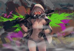 Rule 34 | 1girl, abstract background, bag, bare shoulders, black gloves, black shorts, bra, braid, breasts, cleavage, collarbone, explosive, facing viewer, fingerless gloves, gas mask, gloves, graffiti, grenade, grey hair, gun, hair over shoulder, highres, holding, holding gun, holding weapon, hood, hood up, hooded jacket, jacket, long hair, looking at viewer, mask, navel, off shoulder, open clothes, original, over shoulder, partially fingerless gloves, rifle, rsef, short shorts, shorts, simple background, sleeves rolled up, smoke, sniper rifle, solo, standing, stomach, underwear, weapon, weapon over shoulder