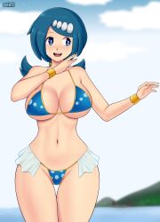 Rule 34 | 1girl, artist name, bikini, blue bikini, blue eyes, blue hair, blush, breasts, cleavage, creatures (company), curvy, dancing, freckles, game freak, gummslime, hair tie, highres, lana&#039;s mother (pokemon), large breasts, long hair, looking at viewer, looking to the side, low ponytail, navel, nintendo, ocean, open mouth, pokemon, pokemon (anime), pokemon sm (anime), shiny skin, smile, swimsuit, thick thighs, thighs, thong, thong bikini, toned