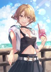 Rule 34 | 1girl, :d, bare arms, bare shoulders, belt, black choker, black shirt, black skirt, blurry, blurry background, breasts, brown hair, center opening, choker, cleavage, collarbone, cropped jacket, cup, day, depth of field, drinking glass, drinking straw, earrings, fence, highres, holding, hood, hood down, hooded jacket, jacket, jewelry, lens flare, looking at viewer, medium breasts, ocean, open clothes, open jacket, open mouth, original, pleated skirt, red eyes, shirt, short hair, skirt, smile, solo, sone (takahiro-osone), stomach, sunlight, white jacket