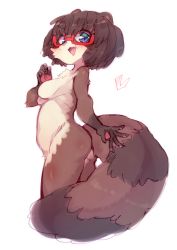 Rule 34 | 1girl, animal ears, ass, blue eyes, breasts, brown hair, character request, fang, furry, furry female, glasses, highres, long tail, nude, open mouth, original, raccoon ears, raccoon tail, short hair, simple background, small breasts, smile, solo, tail, white background, yuuki (yuyuki000)