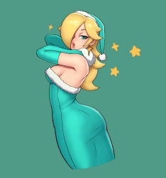 Rule 34 | 1girl, absurdres, alternate costume, ass, bad id, bad twitter id, blonde hair, blue eyes, breasts, dress, elbow gloves, fur-trimmed headwear, fur trim, gloves, green background, hair over eyes, hands on own neck, hat, highres, lipstick, looking at viewer, looking back, makeup, mario (series), nintendo, pink lips, pom pom (clothes), puckered lips, riz, rosalina, santa costume, santa hat, simple background, star (symbol), super mario galaxy, tight clothes, tight dress