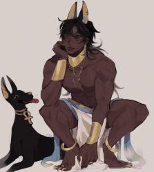 Rule 34 | 1boy, absurdres, animal, animal ears, ankh, anklet, anpu (monmeon), arm on another&#039;s shoulder, black hair, blue eyeshadow, bracer, dark-skinned male, dark skin, ear piercing, earrings, egyptian, egyptian clothes, eye of horus, eyeshadow, facial mark, fingernails, forehead mark, full body, head rest, highres, jackal, jackal boy, jackal ears, jewelry, long hair, looking at animal, makeup, monmeon, muscular, muscular male, nail polish, neck ring, necklace, original, pectorals, pelvic curtain, piercing, ring, scar, scar on arm, scar on chest, scar on leg, scar on stomach, sharp fingernails, sharp toenails, signature, solo, squatting, toenails, tongue, tongue out, topless male, white background, yellow eyes, yellow nails