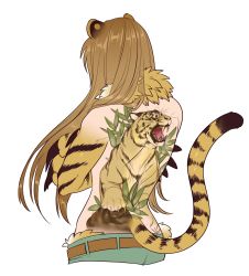 Rule 34 | 1girl, animal ears, animal hands, back tattoo, belt, blue pants, brown hair, claws, cropped legs, crossed arms, denim, facing away, from behind, fur collar, highres, jeans, jinko (monster girl encyclopedia), long hair, manosdetrapo, monster girl, monster girl encyclopedia, monster girl encyclopedia ii, pants, ryuu ga gotoku (series), saejima taiga, second-party source, solo, striped, tail, tail raised, tattoo, tiger, tiger ears, tiger stripes, tiger tail, tomboy, topfreedom, topless, transparent background, upper body