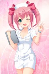 Rule 34 | 1girl, absurdres, alternative girls, aqua eyes, bow, breasts, cleavage, dress, hat, highres, holding, looking at viewer, mano sakurako, nurse, nurse cap, official art, one eye closed, open mouth, pink background, pink bow, pink hair, short dress, smile, solo, twintails, white dress, white hat, wristband
