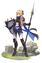 Rule 34 | armor, armored boots, asymmetrical gloves, blonde hair, blue eyes, bodysuit, boots, breastplate, commentary request, elf, expressionless, full body, gauntlets, gloves, grass, hair ribbon, high heels, highres, knight, left-handed, long hair, original, pointy ears, polearm, ribbon, rock, scarf, shield, shoulder armor, solo, spear, uneven gloves, virgosdf, weapon, white background