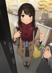 Rule 34 | 1boy, 1girl, :o, apartment, backpack, bag, beige coat, black footwear, black pantyhose, black skirt, blue shirt, blush, breath, brown eyes, brown hair, building, coat, commentary request, door, door handle, doorway, douki-chan (douki-chan), douki-kun (douki-chan), ganbare douki-chan, grocery bag, high heels, highres, lamppost, long sleeves, looking at viewer, office lady, open mouth, opening door, outdoors, pantyhose, parted bangs, pencil skirt, pov, pov doorway, red scarf, scarf, shirt, shoes, shopping bag, short hair, sidelocks, skirt, spring onion, tree, yomu (sgt epper)
