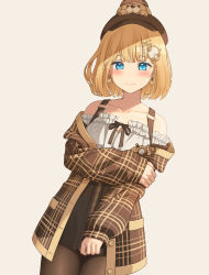 Rule 34 | 1girl, bare shoulders, blonde hair, blue eyes, bubba (watson amelia), cabbie hat, cardigan, casual, collarbone, deerstalker, dog, earrings, frills, grabbing own arm, hair ornament, hat, heart, heart earrings, highres, hololive, hololive english, jewelry, kangbus, off-shoulder jacket, off shoulder, pantyhose, short hair, simple background, smile, solo, virtual youtuber, watson amelia, watson amelia (street casual), zipper