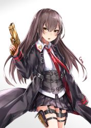 Rule 34 | 1girl, black coat, black cola, black skirt, brown eyes, brown hair, buckle, coat, collared shirt, corset, cowboy shot, finger on trigger, girls&#039; frontline, gun, hair between eyes, handgun, highres, holding, holding gun, holding weapon, holster, legs together, long hair, long sleeves, looking away, looking up, necktie, nz75 (girls&#039; frontline), cz 75, open clothes, open coat, open mouth, pistol, pleated skirt, red necktie, serious, shirt, signature, simple background, skirt, solo, standing, thigh holster, trench coat, unbuckled, weapon, white background, white shirt, wing collar