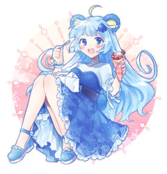 Rule 34 | 1girl, :d, ahoge, animal ears, bear ears, blue dress, blue eyes, blue footwear, blue hair, corset, crepe, dress, food, frilled dress, frills, full body, hair ornament, holding, holding food, holding spoon, knees together feet apart, long hair, looking at viewer, mikan tabetai, open mouth, shirt, shoes, show by rock!!, single wrist cuff, smile, solo, spade hair ornament, spoon, strapless, strapless dress, tsukino (show by rock!!), white background, white shirt, wrist cuffs