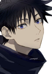 Rule 34 | 1boy, black hair, blue eyes, commentary, fushiguro megumi, jujutsu kaisen, looking at viewer, male focus, nori20170709, parted lips, portrait, short hair, simple background, solo, symbol-only commentary, twitter username, white background