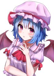 Rule 34 | 1girl, :o, arm under breasts, ascot, bat wings, blue hair, blush, bow, breasts, collarbone, frilled shirt collar, frills, from above, garaudon, hair between eyes, hand up, hat, hat ribbon, highres, looking at viewer, mob cap, open mouth, pink eyes, puffy short sleeves, puffy sleeves, purple hat, purple shirt, red ascot, red bow, red ribbon, remilia scarlet, ribbon, shirt, short hair, short sleeves, small breasts, solo, touhou, upper body, white background, wings, ||/