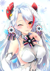 Rule 34 | 1girl, alternate costume, antenna hair, armpits, aruto (shake onigiri), azur lane, blue gemstone, blush, breasts, bridal gauntlets, bridal veil, brown eyes, cross, dress, finger to mouth, gem, gloves, hair between eyes, headgear, highres, iron cross, large breasts, long hair, looking at viewer, mole, mole on breast, multicolored hair, one eye closed, parted lips, petals, prinz eugen (azur lane), prinz eugen (symphonic fate) (azur lane), red hair, see-through, sideboob, sidelocks, silver hair, simple background, smile, solo, streaked hair, two side up, upper body, veil, very long hair, wedding dress, white background, white dress, white gloves