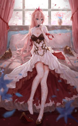 Rule 34 | 1girl, absurdres, bed, commentary request, curtains, finger to mouth, full body, highres, indoors, long hair, looking at viewer, pillow, pink hair, shionne (tales), sitting, solo, tales of (series), tales of arise, thighhighs, tiara, vase, white thighhighs, window, yuzuriha (atelier liang)