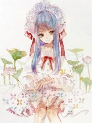 Rule 34 | 1girl, blue hair, blunt bangs, bow, buttons, dress, floral print, flower, grey background, head tilt, highres, knees together feet apart, lily pad, long hair, looking at viewer, lotus, lotus seeds, maid headdress, multicolored eyes, original, own hands together, painting (medium), red bow, sidelocks, simple background, sitting, smile, solo, srnmomo, traditional media, watercolor (medium), white dress