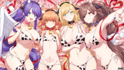 Rule 34 | 4girls, :d, ahoge, angel, angel wings, animal ear fluff, animal ears, animal print, aqua eyes, arm under breasts, armpits, beckoning, bed sheet, bikini, bikini pull, black eyes, black hairband, black neckwear, blonde hair, blue eyes, blue nails, blue neckwear, blush, bottle, bow, braid, breast press, breasts, brown hair, cat ears, character request, cherry blossoms, cleavage, closed mouth, clothes pull, collar, collarbone, cow ears, cow girl, cow horns, cow print, cow print bikini, cow print thighhighs, cowbell, cowboy shot, dairoku ryouhei, dot nose, fake animal ears, fake horns, feathered wings, female focus, flat chest, from above, grey eyes, groin, hagino akihito, hair between eyes, hair bow, hairband, half-closed eyes, hands together, hands up, happy, highres, horns, interlocked fingers, large breasts, legs together, long hair, looking at viewer, lying, micro bikini, milk bottle, multiple girls, nail polish, navel, neck bell, official art, on back, on bed, on side, open mouth, orange hair, orange nails, outstretched arm, patterned legwear, pink nails, pink neckwear, ponytail, print bikini, print thighhighs, pubic tattoo, purple hair, red nails, red neckwear, red ribbon, ribbon, shiny skin, side-tie bikini bottom, sidelocks, signature, smile, string bikini, swept bangs, swimsuit, take your pick, tattoo, thighhighs, thighs, twin braids, very long hair, wavy mouth, white bow, wings, yellow eyes