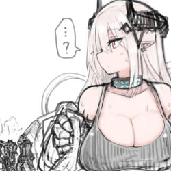 Rule 34 | ...?, 1girl, arknights, bare shoulders, black collar, black tank top, breasts, cleavage, collar, cool (ningen pump), demon horns, grey hair, hair ornament, horns, infection monitor (arknights), large breasts, long hair, material growth, mudrock (arknights), mudrock (elite ii) (arknights), oripathy lesion (arknights), red eyes, simple background, sketch, solo focus, tank top, upper body, white background