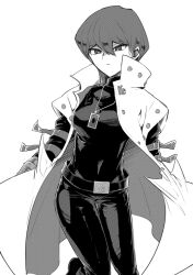 Rule 34 | 1girl, arm belt, belt, breasts, card pendant, closed mouth, coat, commentary request, genderswap, genderswap (mtf), greyscale, hair between eyes, jewelry, kaiba seto, long coat, long sleeves, looking at viewer, medium breasts, monochrome, pants, saito0614, shirt, short hair, simple background, sleeveless, sleeveless coat, solo, standing, thigh gap, tight clothes, turtleneck, turtleneck shirt, white background, white coat, yu-gi-oh!, yu-gi-oh! duel monsters