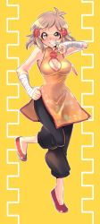 Rule 34 | 10s, 1girl, armpit peek, bandages, bare shoulders, biting, black pants, blush, breasts, brown eyes, brown hair, chinese clothes, cleavage, cleavage cutout, clothing cutout, crystal, full body, grin, hair ornament, jewelry, kouji (kari), looking at viewer, medium breasts, necklace, pants, red footwear, scar, senki zesshou symphogear, shoes, short hair, smile, solo, standing, standing on one leg, tachibana hibiki (symphogear)