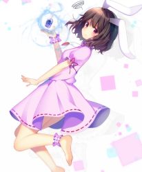 Rule 34 | 1girl, animal ears, ankle cuffs, arm garter, bad id, bad twitter id, barefoot, black hair, blush, bottle, carrot necklace, dress, from side, inaba tewi, koto seori, looking at viewer, necklace, one-hour drawing challenge, pink dress, poison, puffy short sleeves, puffy sleeves, rabbit ears, red eyes, short hair, short sleeves, skull print, solo, squiggle, touhou, wrist cuffs