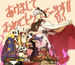 Rule 34 | 1boy, 1girl, animal print, bell, black gloves, black thighhighs, blonde hair, breasts, brown eyes, bucket, cow print, crab, crab leg, detached sleeves, eating, fate/grand order, fate (series), food, gloves, gourd, grey hair, hat, hidari (left side), horns, ibaraki douji (fate), ibaraki douji (swimsuit lancer) (third ascension) (fate), japanese clothes, midriff, oni horns, pointy ears, shrimp, sitting, small breasts, smile, thighhighs, twintails, watanabe no tsuna (fate)