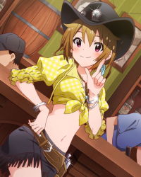 Rule 34 | 10s, 1girl, arm support, artist request, bar (place), bottle, bracelet, brown hair, cowboy hat, earrings, fringe trim, front-tie top, glint, hat, ibuki tsubasa, idolmaster, idolmaster million live!, index finger raised, jewelry, left-handed, looking at viewer, midriff, navel, official art, pink eyes, polka dot, polka dot shirt, shirt, short hair, skirt, smile, tied shirt