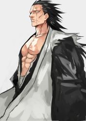 Rule 34 | 1boy, abs, absurdres, bare pectorals, black hair, bleach, expressionless, eyepatch, hair slicked back, haori, highres, japanese clothes, kimono, looking at viewer, male focus, manly, muscular, open clothes, open kimono, pectorals, scar, scar across eye, scar on face, simple background, taichou haori, yoshio (55level), zaraki kenpachi
