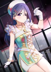Rule 34 | 1girl, ajapar, amazing travel dna, azalea (love live!), bang (gesture), blue hair, blush, bracelet, collarbone, dress, earrings, finger gun, gloves, hair ornament, hat, headwear request, highres, jewelry, legs, legs together, long hair, love live!, love live! school idol festival, love live! sunshine!!, matsuura kanan, multicolored clothes, multicolored dress, necklace, outstretched arm, ponytail, purple eyes, shorts, shorts under dress, solo, sparks, triangle, triangle hair ornament, white gloves